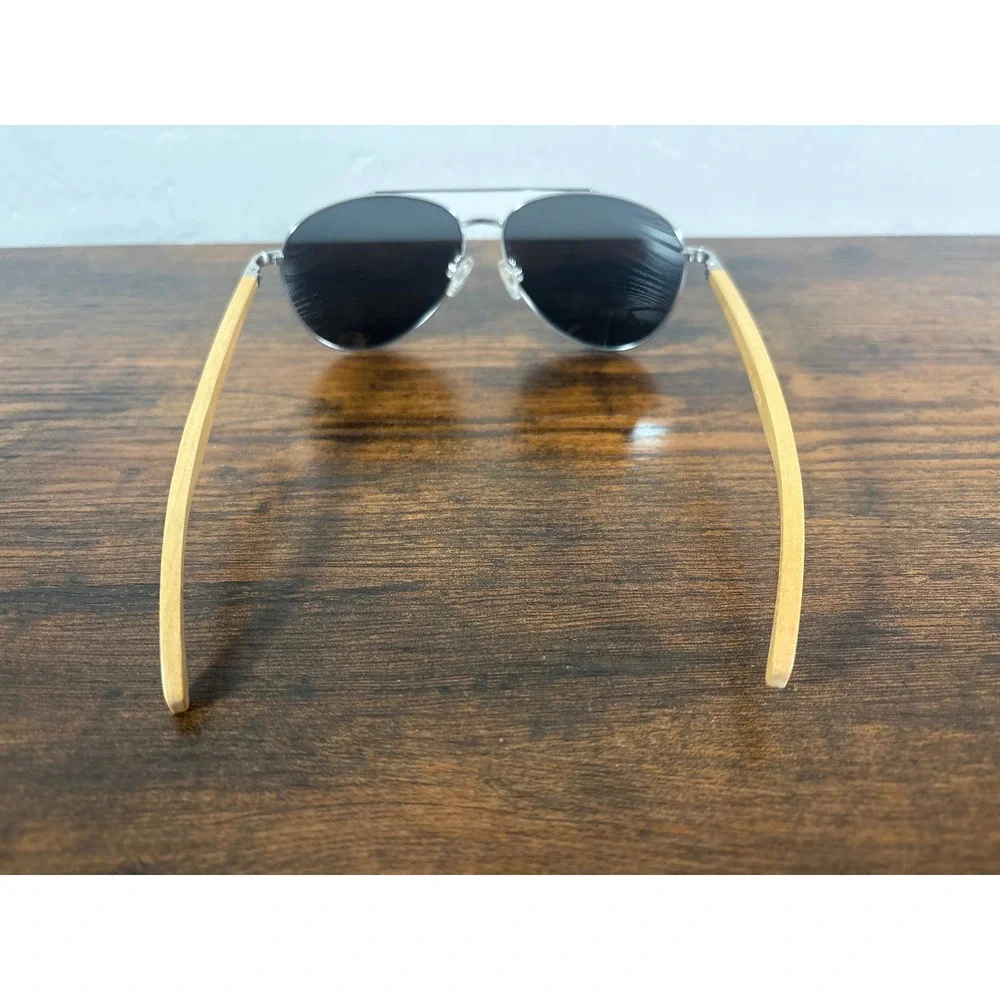 Blue Planet Amador BP 10346 Polarized Aviator Sunglasses Silver Wood Handmade